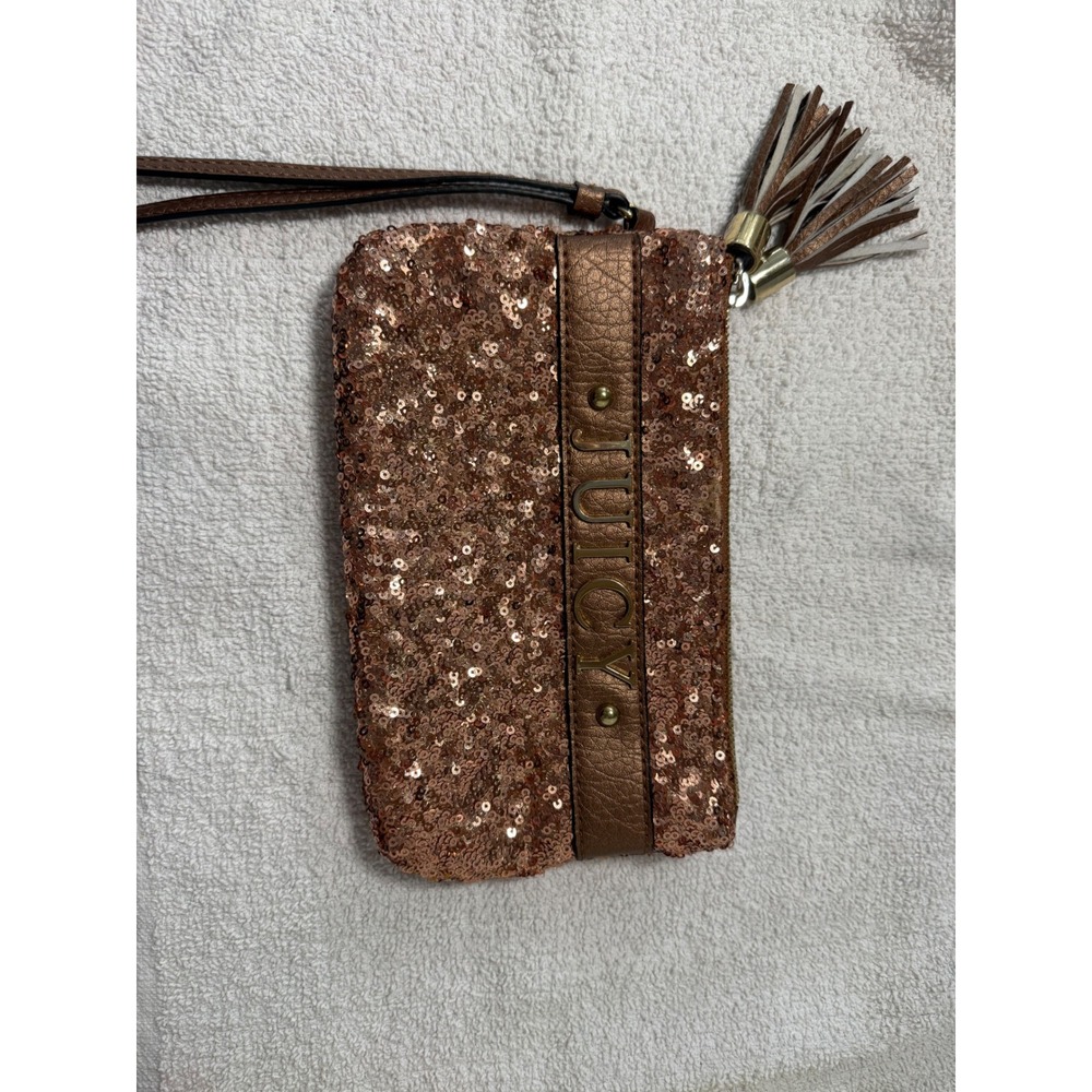 Juicy Couture Sequin Wristlet Women OS Rose Gold Tassel Dual Zip Clutch Bag